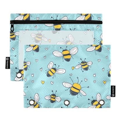 Fustylead Cute Cartoon Honrybee and Hearts Pencil Pouch with Clear Window for 3 Ring Binders, Zipper Pencil Case Cosmetic Bags for School Office Cosmetic Students Supplies, 2PCS - color: Blue01