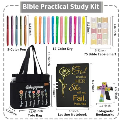 25 PCS Bible Study Supplies Kit, Large Capacity Canvas Tote Bag for Women Organizer, Bible Highlighters and Quick Dry Pens No Bleed Through, Notebook Bible Tabs Cross Bookmark Journaling Accessories - color: Black