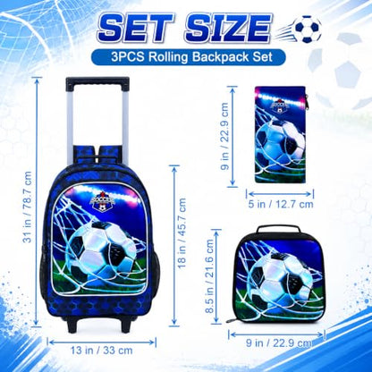 AGSDON 3PCS Rolling Backpack for Girls and Boys, Kids Roller Wheels Bookbag, Wheeled Elementary School Bag with Lunch Bag - color: Football Roller