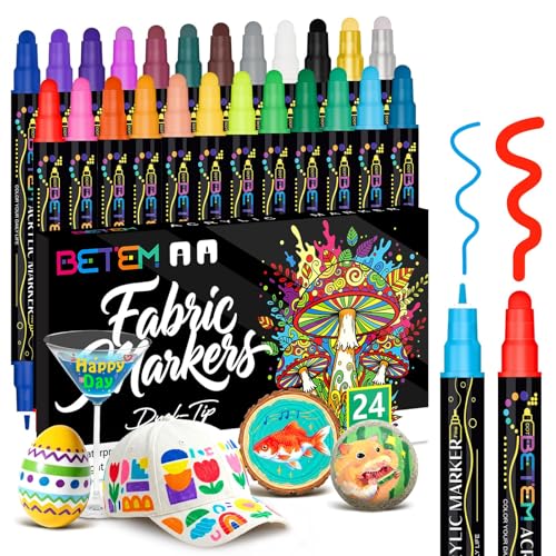Betem 24 Colors Dual Tip Acrylic Paint Markers, Fabric Decorating Kits Premium Water-Based Acrylic Paint Pens Art Supplies for Fabric, Rock, Wood, Glass, Canvas, Ceramic, Teacher Appreciation Gift - color: 24 Colors