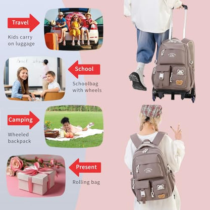 Kids Rolling Backpack for Girls Boys, Elementary & Middle School Bags with Wheels, Boys Roller Backpack Kids Bookbag with 2 Wheels, Khaki - color: 2 Wheels Khaki