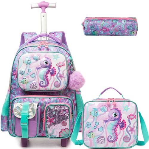 Kids Rolling Backpack for Girls Seahorse Suitcases Trolley Roller Luggage Backpacks on Wheels with Lunch Box Pencil Case for Elementary Multiple Function Pockets Travel school Bag Purple - color: 041121-haima