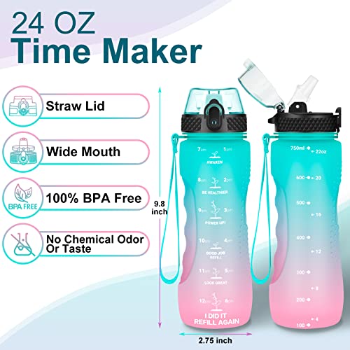 24 OZ Motivational Kids Water Bottle With Time Marker,Straw Lid,Leak Proof, Tritan BPA Free Sports Water Bottle Dark Green Pink (1 Lid) - color: Mint Dark Green Pink
