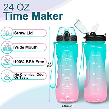 24 OZ Motivational Kids Water Bottle With Time Marker,Straw Lid,Leak Proof, Tritan BPA Free Sports Water Bottle Dark Green Pink (1 Lid) - color: Mint Dark Green Pink