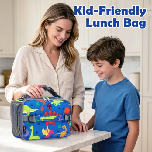FlowFly Kids Lunch Bag, Durable Insulated School Lunch Box with Shoulder Strap and Bottle Holder, Water-resistant Thermal Small Lunch Cooler Tote for Teen Boys & Girls,Dinosaur - color: Dinoasur