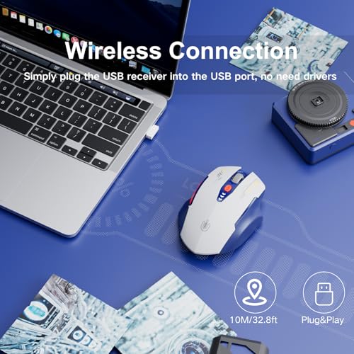 Uineer Wireless Mouse, [Upgraded] Visible Battery Display，Rechargeable Laptop Mice 2.4G USB, 4 Adjustable DPI Levels,Optical Ratón Wireless for Laptop PC Computer,White and Blue - color: BLUE and White