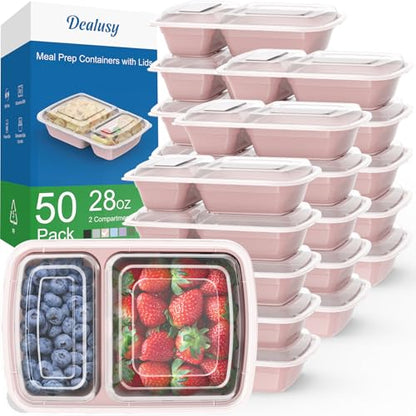 Dealusy 50 Pack (100-Piece) 28 oz Meal Prep Containers Reusable with Lids 2-Compartment, Sturdy Leakproof Food Safe, Microwave Freezer Dishwasher Safe, To Go Take Out Plastic Food Storage, Pink - color: Pink