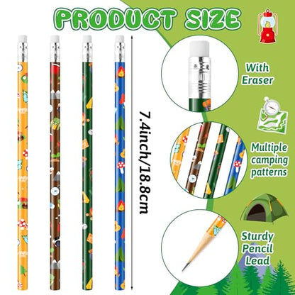 Xqumoi 60Pcs Camping Pencils with Erasers - 4 Designs #2 HB Pencils in Bulk Outdoor Camping Patterns Themed Stationery School Classroom Rewards Goodie Bag Fillers Stuffers Birthday Party Favors - style: Camping