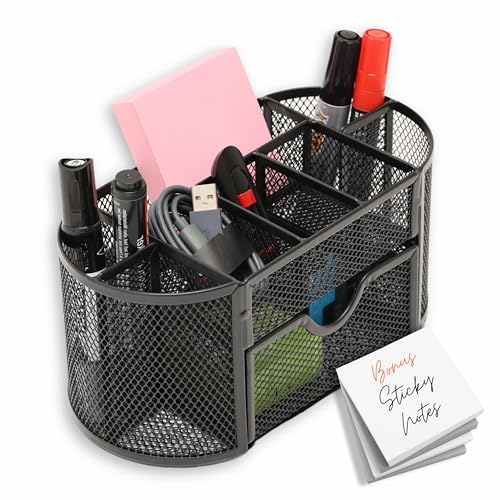 Pen Holder Desk Organizer – 9-Compartment Pencil Holder Desk Organizer with Drawer Tray – Desktop Organizer for Office Supplies and Stationery – Pen Holder for Home, Office, School - Black - color: Black