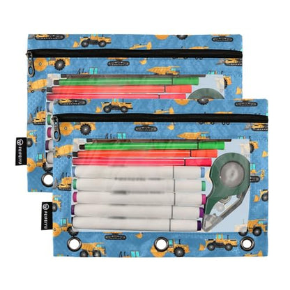 Excavator Concrete Mixer Pencil Pouch for 3 Ring Binder, Binder Pencil Pouches with Clear Window Zipper Pencil Case for Office College Supplies, 2PCS (B0308) - color: B0308