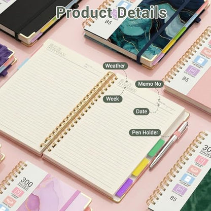 Hardcover Spiral Journal Notebook, 300 Pages 5 Subject Notebook College Ruled with Removable Dividers Tabs, 8" x 10" Notebooks for Work, Spiral Ruled Lined Writing Journal Hardcover Leather Notebook for School (Green, 8''x 10'') - color: Green