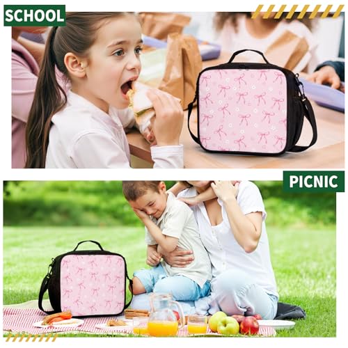 Pink Bow Lunch Box for Girls Kawaii Flowers Love Hearts Lunch Bag with Shoulder Strap for Kids Teens Durable Large Capacity Insulated Lunchbox Thermal Meal Bag for School Picnic - color: A-Bow Pink