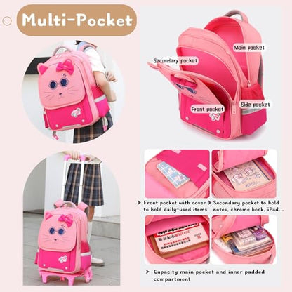 2Pcs Girls Rolling Backpack, Cute Cat Face Kids School Bag Bookbag Roller Backpack for Girls with 6 Wheels, 2Pcs-Pink - color: 6 Wheels-2pcs-pink, style: 6 Wheels