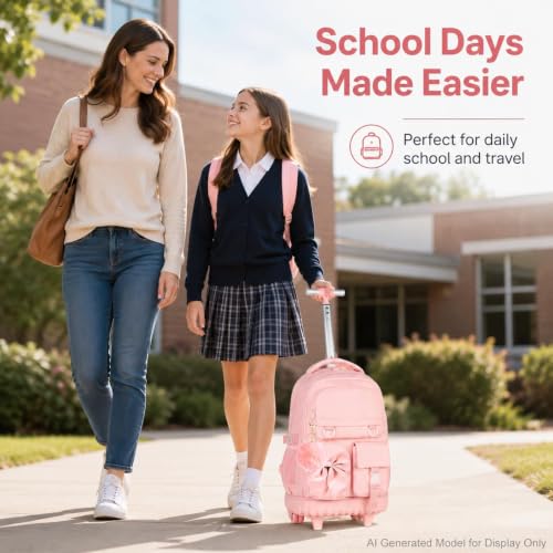 3Pcs Rolling Backpack for Girls Women, School Kids Roller Bookbag with Wheels, Wheeled Backpacks Set for Elementary (Pink) - color: Bow Pink