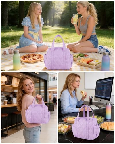Quilted Puffer Lunch Bag for Women, Insulated Lunch Tote with Foil Lining, Leak-Resistant Reusable Lunch Cooler Bag, Roomy Soft Lunch Box for Work, School, Picnic and Travel (Purple) - color: Purple