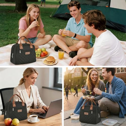 HOMESPON Insulated Lunch Bag for Women Men, Cooler Tote Box, Black | Front Pocket, Side Mesh Pockets, Reusable, for Work, Picnic, Food Container - color: Black