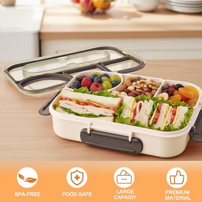 Bento Box for Adults,4 Compartments Lunch Box, Snack Containers Reusable Lunch Containers Drop-Proof, Dishwasher Safe & Made with BPA-Free Materials, Beige - color: Beige