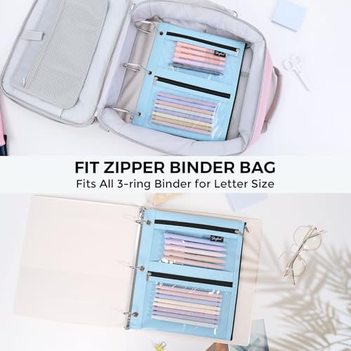 SKYDUE Binder Pencil Pouch for 3 Ring Binder, 3 Compartment Zipper Case, Large Capacity Pen Organizer with Clear PVC Window for School Supplies, Students, Kids & Teachers - color: Skyblue