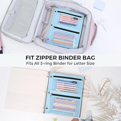 SKYDUE Binder Pencil Pouch for 3 Ring Binder, 3 Compartment Zipper Case, Large Capacity Pen Organizer with Clear PVC Window for School Supplies, Students, Kids & Teachers - color: Skyblue