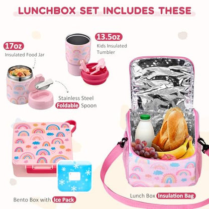 Pawtong Lunch Box Set with Bento Box Container, 17OZ Stainless Steel Food Soup Thermo, Kids Water Bottle & Portable Insulated Lunch Bag – Leakproof, Hot/Cold Retention for School, Travel(Pink-Rainbow) - color: Pink-Rainbow