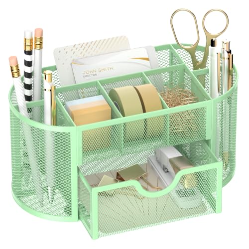 SUPEASY Mesh Desk Organizer, Desk Accessories & Workspace Organizers with Drawers, Pencil Holder for Desk with 9 Compartments for Office Supplies, School, Classroom, 8.6 x 4.3 x 4.1 Inch, Green - color: Green