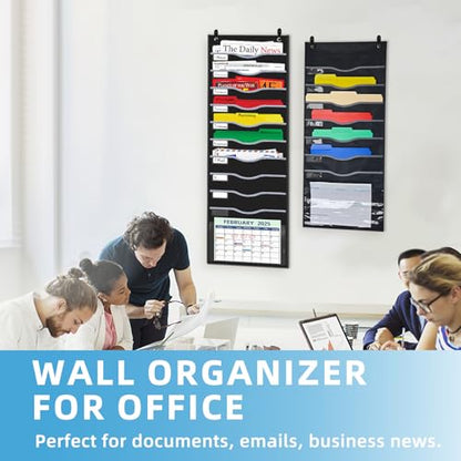 ALSLEA 11 Pockets Hanging Wall File Organizer 15" Extra Wide Pocket Chart for Classroom, Office, Home, Mail Organizer Wall Mounted with 1 Writable Clear Pocket, 5 Wall/Door Hooks & 12 Labels (Black) - size: Large (11 Pockets)