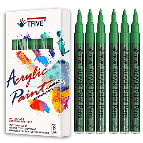 TFIVE Green Marker Paint Pens - 6 Pack Acrylic Permanent Marker, 0.7mm Extra Fine Tip Waterproof Green Paint Markers for Art Project, Rock, Ceramic, Glass, Wood, Plastic, Metal, Canvas, DIY Craft - color: Green