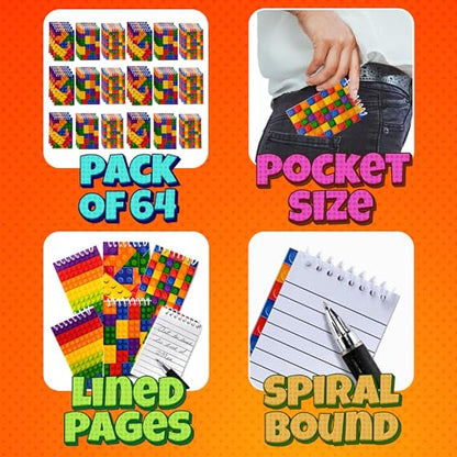 Mini Building Block Notebooks (Bulk of 64) Spiral Notepads In Assorted Brick Styles, Mini Notebook For Kids Pocket Size, For Birthday Party Favors, Goodie Bag Stuffers, Children Classroom Rewards - size: 64 Count
