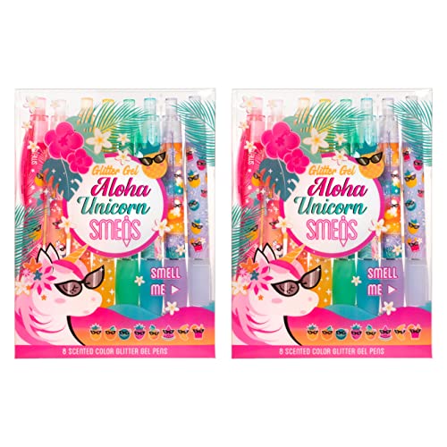 Glitter Gel Smens (2 Pack) - Aloha Unicorn Scented Pens, Colored Glitter Gel Ink, Medium Point, 8 Count - color: Aloha (2 Pack of 8 Count)