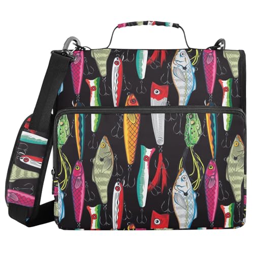 Colorful Fishing Lures Zipper Binder Bag 3 Ring with Shoulder Strap Zippered Binder Fits 13 Inch Laptop File Folder Document Organizer for College Office Supplies - color: Colorful Fishing Lures