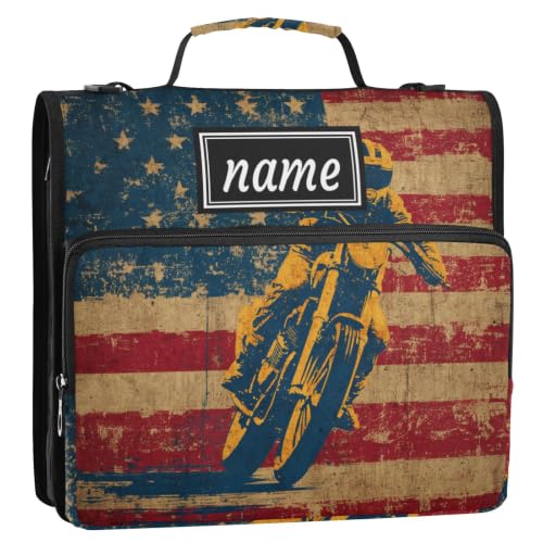 Kcldeci Personalized Binder Bag，American Flag with Motor Custom Zipper Binder Organizer 1.5inch 3 Ring for School and Office Expanding File Folder - color: E11