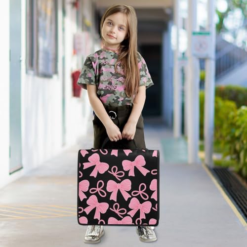 Pink Bow Black Zipper Binder Bag 3 Ring Binder with Shoulder Strap Zip Up 500 Sheets Capacity Multi Pockets for School Office Supplies - color: Multi470, size: Fit 500 Sheets