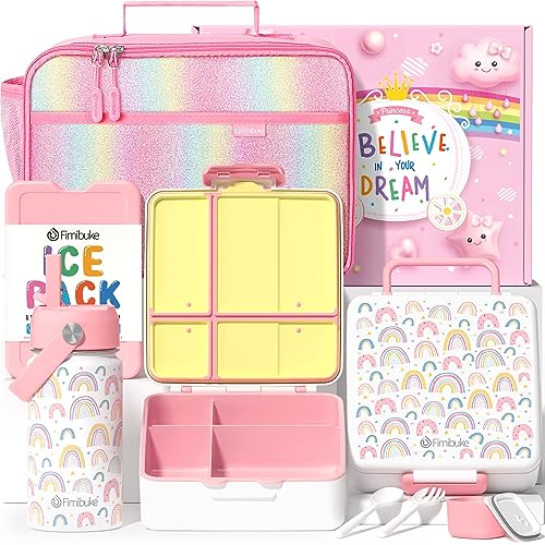 Fimibuke Kids Bento Lunch Box with 4 Compartments, Insulated lunch Bag, Stainless Steel Insulated Water Bottle, Ice Pack & Utensils Set, Birthday Gifts for Ages 3-12 Back to School Toddler Girls Boys - color: A10. Rainbow