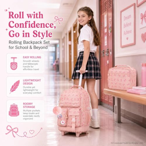 WZLVO 3PCS Rolling Backpack for Girls, Water Resistance Roller Bookbag, Women Aesthetic Wheeled School Bag Set with Lunch Box & Pencil Bag for Teens & Kids - Pink Bow - color: 3pcs Girls Rolling Backpack - Pink Bow