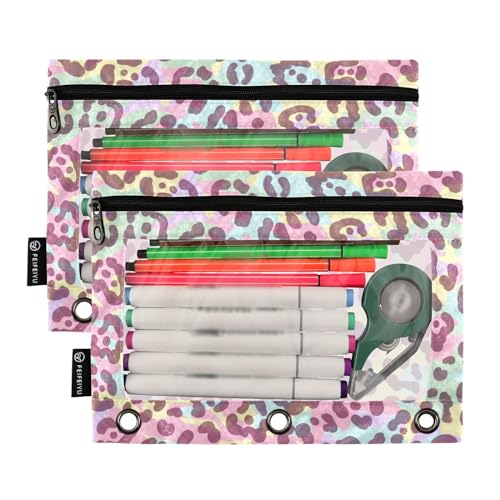 ZAZYXTJ Personalized Leopard Print Binder Pencil Pouchs 3 Ring | with Zipper Clear Window Office Organizers bag for School Students Teacher Supplies 2 Pack - color: Leopard Print