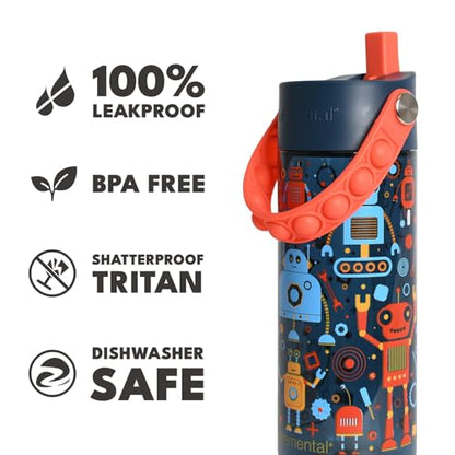 Elemental Water Bottles for Kids - Splash Kids Water Bottle for School with Pop-it Handle - BPA Free Tritan Plastic Water Bottle with Straw Leak Proof when Spout is Closed - Blue Robot - 18oz - color: Blue Robot