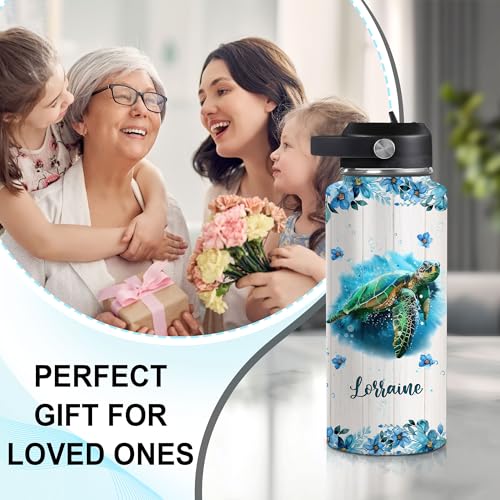 Hyturtle Personalized Gifts For Sea Turtle Lover-Just A Girl Who Loves Sea Turtle Custom Name 18oz 32oz Stainless Steel Bottle With Straw Lid-Idea Ocean Animal Lover Gifts For Women Girl On Birthday - color: Sea