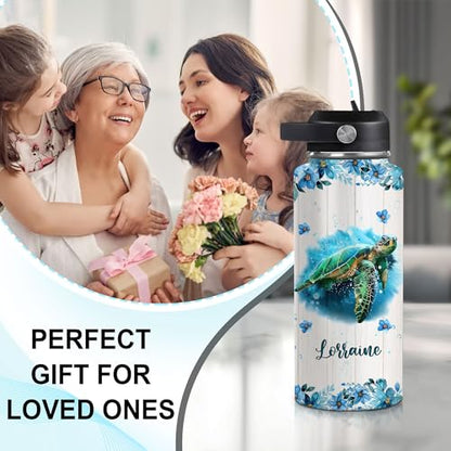 Hyturtle Personalized Gifts For Sea Turtle Lover-Just A Girl Who Loves Sea Turtle Custom Name 18oz 32oz Stainless Steel Bottle With Straw Lid-Idea Ocean Animal Lover Gifts For Women Girl On Birthday - color: Sea