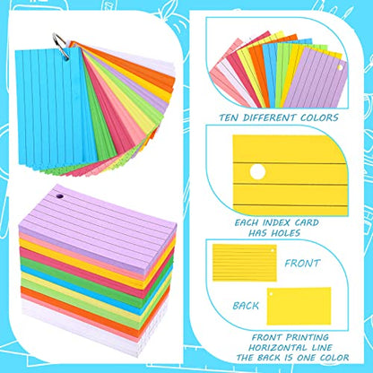 Patelai 1500 Pcs Index Cards Flash Cards with Rings 2 x 3.5 Inch Lined Notecards with 8 Pcs Metal Rings for Studying Learning Memory Office School Supplies(Mixed Color)