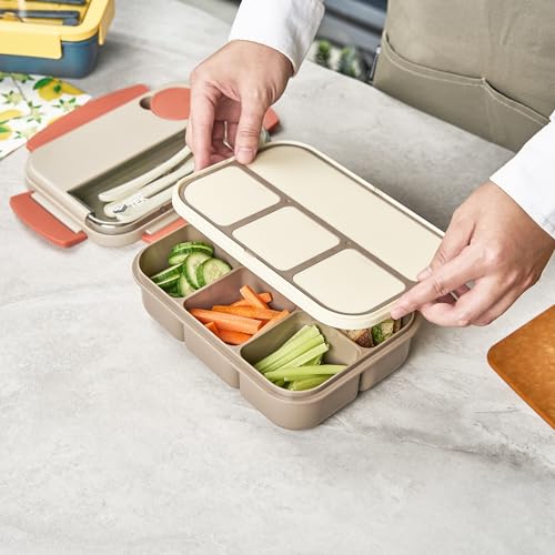 Restaurantware-Bento Tek 43.9 Ounce Bento Box, 1 Reusable Lunch Container - With Cutlery, Does Not Contain BPA, Brown And Orange Plastic Reusable Lunch Box, Sauce Cup Included, Microwavable - size: 1 Count, style: 44 oz - Brown