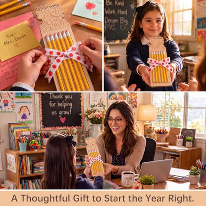 Marspark 71 Pcs/10 Sets Back to School Teacher Appreciation Gifts Bulk 10 Wooden Pencil Gift Boxes with 60 Pencils and Apple Ribbon First Day of School Teachers Thank You Gifts for Party Supplies