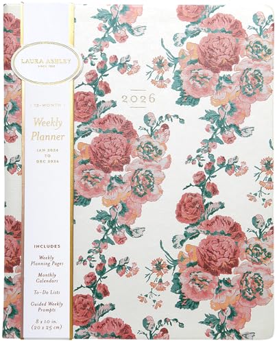 Laura Ashley 2026 Weekly and Monthly Planner 8x10 or 6x8 Notebook Agenda | Textured Faux Leather Cover, Clear Weekly & Monthly Layout, Space for Daily Tasks & Reminders - color: Floral, size: 8X10