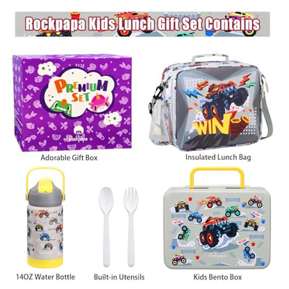 rockpapa Kids Lunch Box Set with 14oz Insulated Water Bottle & Lunch Bag, Leakproof 5.5 Cups Bento Box for School & Children, BPA-Free, Microwave Safe for Boys Girls (Grey Trucks) - color: Grey Trucks