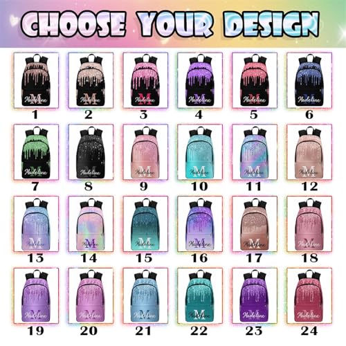 MyPupSocks Custom Name Backpack Bag for Boys Girls, Personalized Girls Glitter Initial Schoolbag Casual Backpack Customized Bookbag or Lunch Bag for Kids Unisex Back School Camping Travel - color: Multi 08