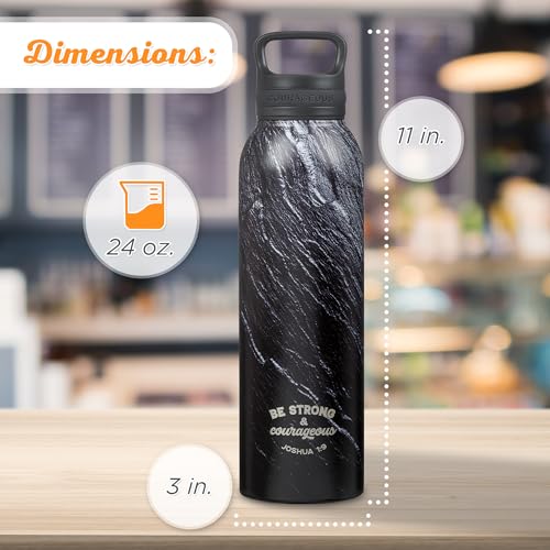 Christian Art Gifts Stainless Steel Double Wall Vacuum Insulated Water Bottle for Men & Women: Strong & Courageous - Joshua 1:9 Inspirational Verse w/Carry Handle Lid, Black/Granite/Slate, 24 oz. - color: Black Marble/Swirl - Strong & Courageous