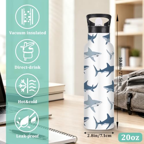 Insulated Water Bottle,Sharks 20 oz Stainless Steel Water Bottles with Straw Lid,Wild Fish Leak Resistant Double Insulated Flask with Handle,Fits Cup Holder,Keeps Drinks Cold - color: Sharks,Wild Fish