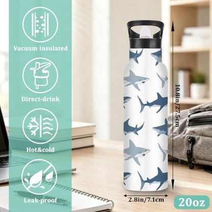 Insulated Water Bottle,Sharks 20 oz Stainless Steel Water Bottles with Straw Lid,Wild Fish Leak Resistant Double Insulated Flask with Handle,Fits Cup Holder,Keeps Drinks Cold - color: Sharks,Wild Fish