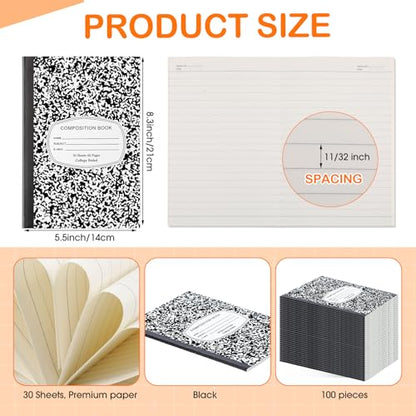 Fainne 100 Pack College Ruled Composition Notebooks A5,Black - color: black