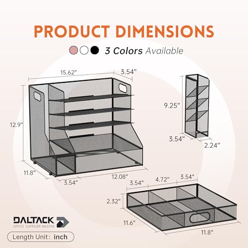 5-Tier Desk Organizer with File Holder & Pen Holder & Sliding Drawer, Black | Mesh Metal Paper Letter Tray for Papers, Mail, Office Supplies, and Desk Accessories - color: Black