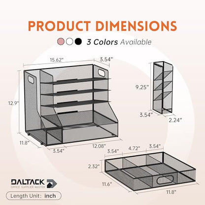 5-Tier Desk Organizer with File Holder & Pen Holder & Sliding Drawer, Black | Mesh Metal Paper Letter Tray for Papers, Mail, Office Supplies, and Desk Accessories - color: Black